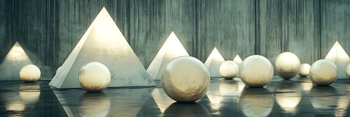 Abstract geometric shapes, concrete interior, light reflections