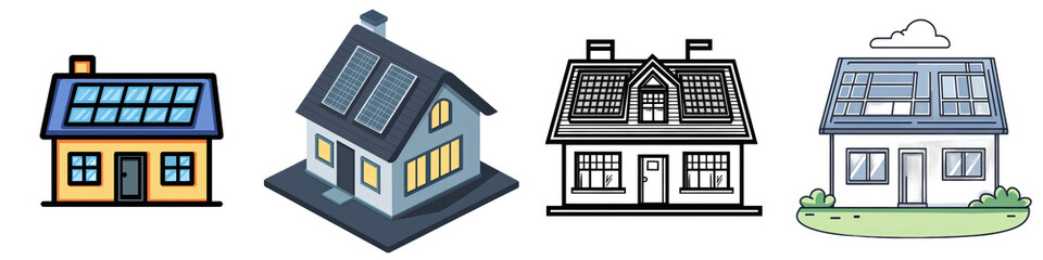 Four houses with solar panels sit in a row on a white background, representing sustainable energy isolated on white or transparent