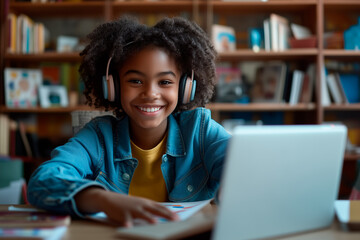 Happy elementary school student is using laptop and textbooks while e-learning at library