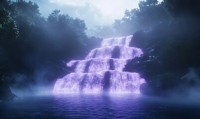 Mystical purple waterfall cascading into a serene pool, surrounded by lush greenery and mist.
