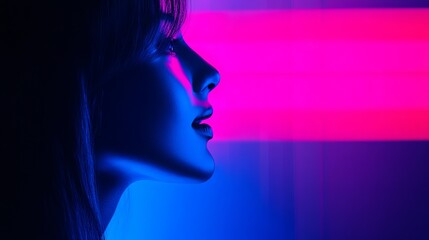 Obraz premium Profile of a woman illuminated by vibrant blue and pink light against a dark background
