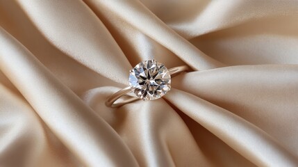 Luxury diamond engagement ring showcased on a silk fabric backdrop, emphasizing elegance and sophistication with copy space.