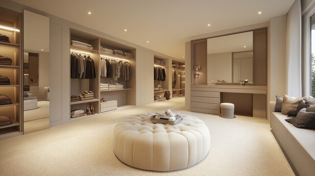 A luxurious dressing room with a plush ottoman, soft lighting, and a built-in vanity for a sophisticated touch.