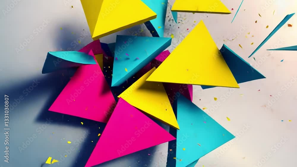 Poster Dynamic Explosion of Colorful Geometric Shapes Vibrant Abstract Composition with Blue, Yellow, and Pink Triangles Creating Energetic Visual Movement and Lively Sense of Dynamic Abstract Shapes and