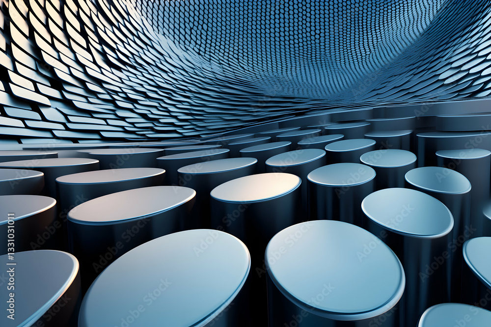 Poster abstract 3d rendering of a futuristic, undulating landscape composed of metallic cylinders and tiles