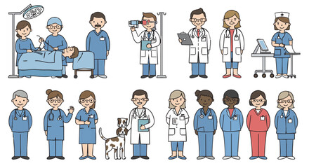 Diverse Medical Team Vector Illustration Pack on Plain White Background - Professional Healthcare AI File