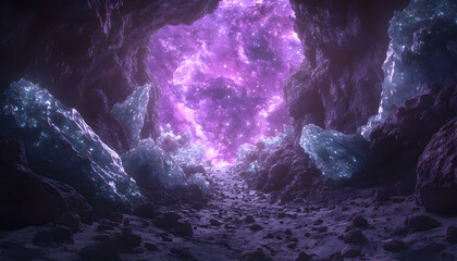 Obraz premium Glowing purple nebula seen through a cave opening, icy blue crystals line the path. Mysterious and ethereal