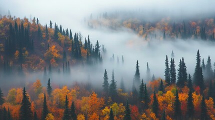 Obraz premium Misty and foggy forest fall background