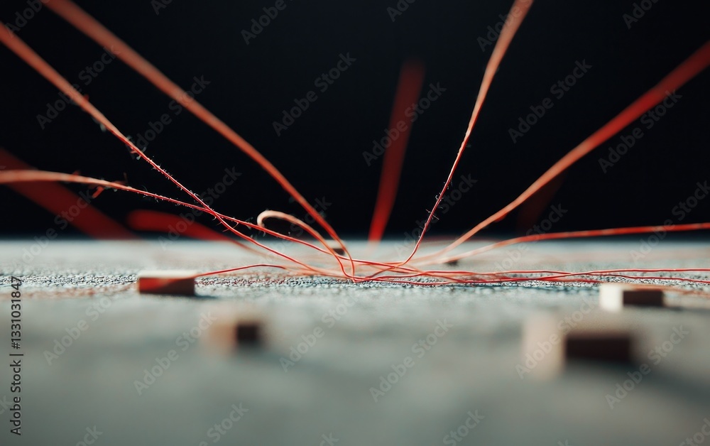 Poster red and white strings on textured surface with cubes