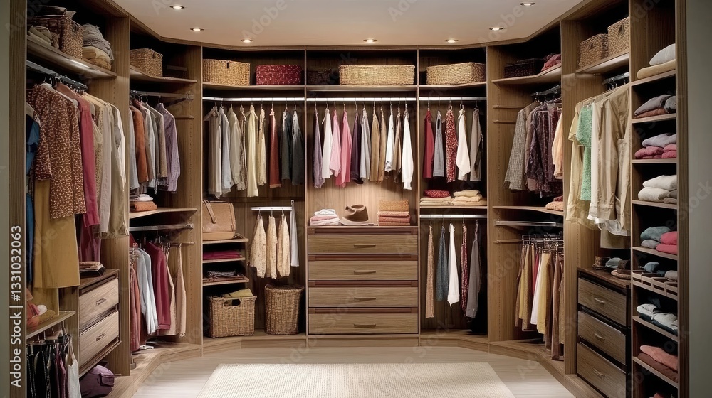 Poster a modern and efficient walk-in closet with space-saving vertical storage, pull-out baskets, and styl