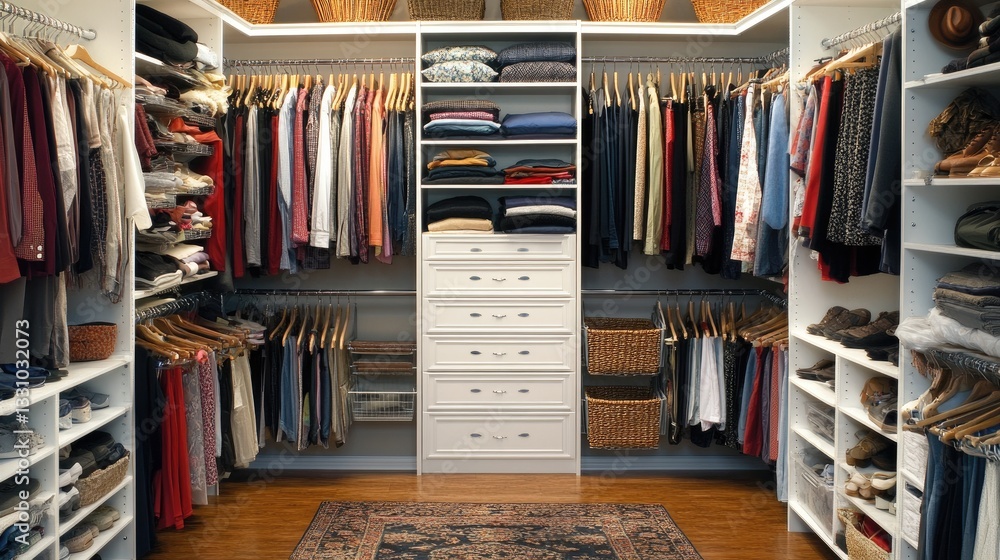 Poster a modern and efficient walk-in closet with space-saving vertical storage, pull-out baskets, and styl