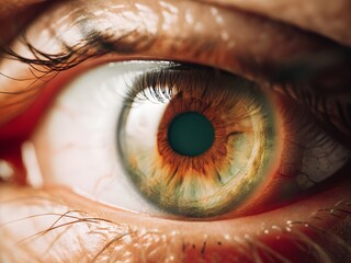 Close-up of a human eye with vibrant amber and teal iris, golden reflections, and dramatic lighting







