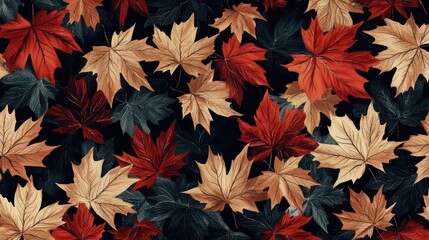Modern allover seamless repeat pattern with dark maple leaves in fall colors