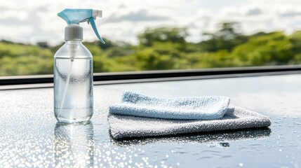 Obraz premium A shiny glass window with a spray bottle and a microfiber cloth, sunlight reflecting off the surface.