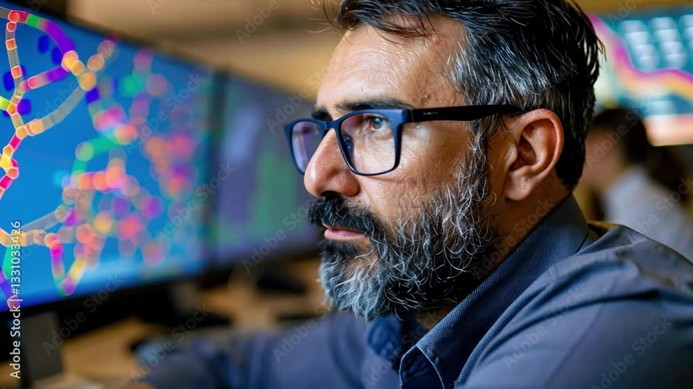 Poster focused man with glasses and beard analyzes complex data on computer screens with colorful visualiza