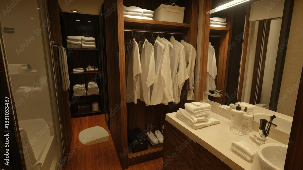 Poster a practical dressing area with a built-in open wardrobe system, clean lines, and neatly arranged clo