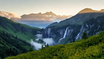Mountain Morning - Illustrate a serene morning in the mountains, with mist rolling 