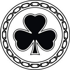 Black and white shamrock emblem with ornate circular border in Celtic style vector illustration
