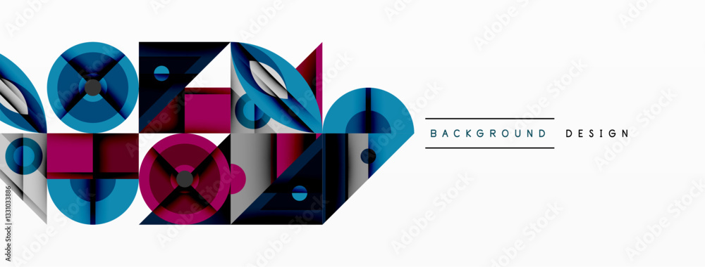 Poster Geometric abstract composition with intersecting shapes, circles, triangles, and gradients, blending vibrant colors and dynamic contrasts to create a modern, futuristic visual design