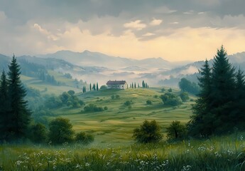 Solitary House on a Misty Hillside Landscape Painting