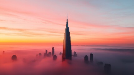 Obraz premium Skyscraper in Foggy Sunrise Cityscape Aerial View Ultra HD
