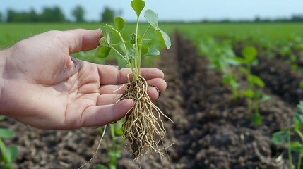 A Farmer's Hand Gently Holding a Young Plant with its Intricate Root System, Showcasing the Beginnings of Agriculture and the Promise of Growth in a Lush Green Field