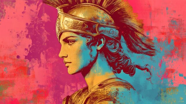 Athena Goddess Of Wisdom, Strategy, And Warfare In Ancient Greek Religion And Mythology With Colorful Pop Art Design.