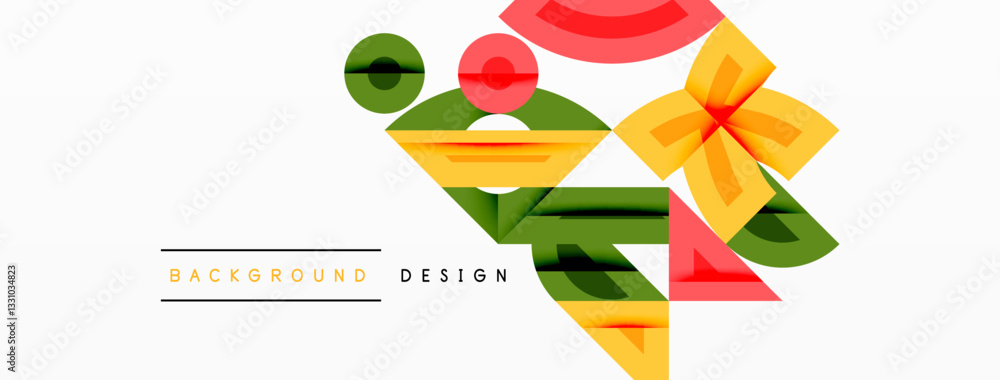Poster Abstract geometric background with shapes, featuring circular and rounded elements. Bold contrast, smooth gradients, dynamic composition, futuristic style