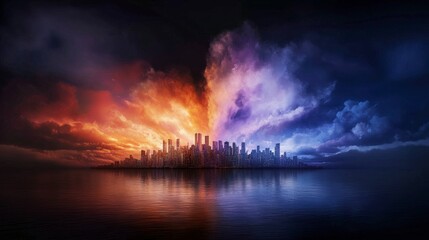 Obraz premium Dramatic Cityscape at Sunset Night Vibrant Colors AI Art