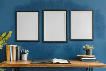 Stylish Living Room with Blue Wall Frame Mockup Above Wooden Furniture