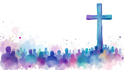 Abstract Watercolor Christian Worship Gathering with Colorful Crowd and Large Cross - Spiritual Faith, Community, and Religious Unity Concept