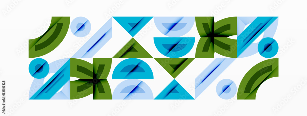 Poster Abstract geometric background with shapes, featuring circular and rounded elements. Bold contrast, smooth gradients, dynamic composition, futuristic style