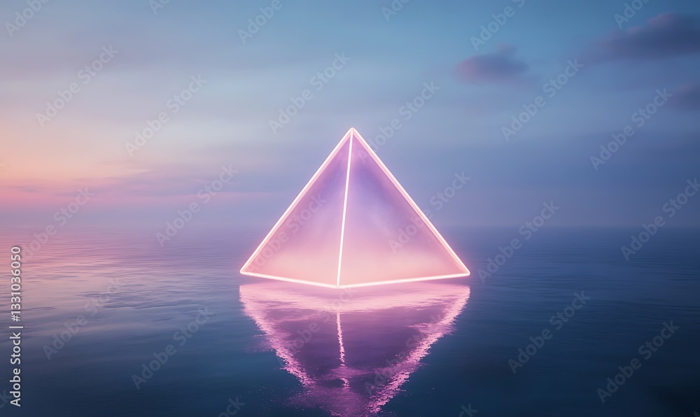 Poster a glowing pyramid reflects on calm waters at sunset, creating a serene and mystical atmosphere.