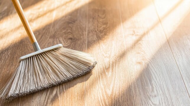 A broom sweeping a hardwood floor, warm lighting, balanced layout below, inviting ad poster design.
