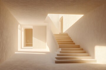 Beige interior hallway with stairs and light streaming through archways