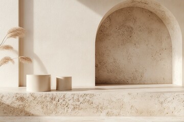Sunlit Beige Textured Background with Arch Niche and Cylindrical Pedestals