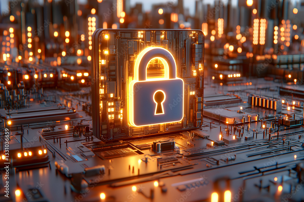 Aufkleber futuristic digital security concept glowing padlock icon on a circuit board, representing cybersecur