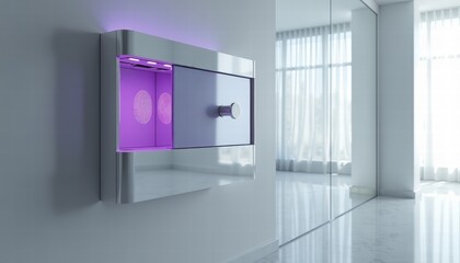 Modern white interior biometric safe with purple interface for home security websites, interior design blogs, and smart home catalogs