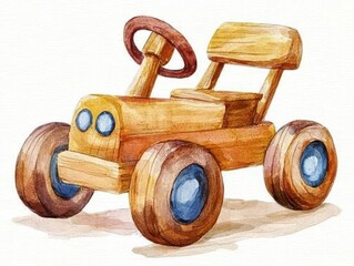 Charming Wooden Toy Tractor with Blue Accents for Children in Whimsical Watercolor Style