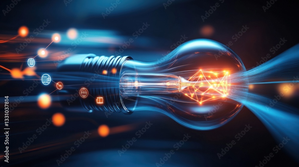 Poster dynamic energy flow illuminating light bulb concept futuristic setting digital art technological inn