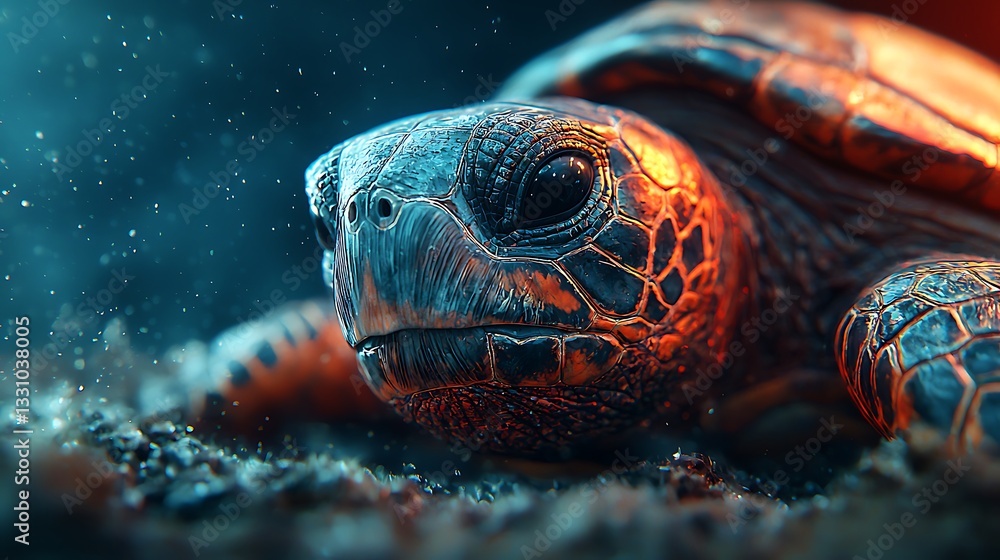 Poster a close-up of a turtle showcasing intricate patterns on its shell, illuminated by soft light, creati