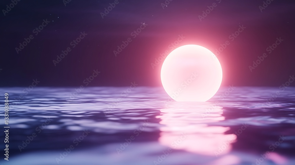 Poster a glowing orb rises above a tranquil sea, casting a serene reflection at dusk.