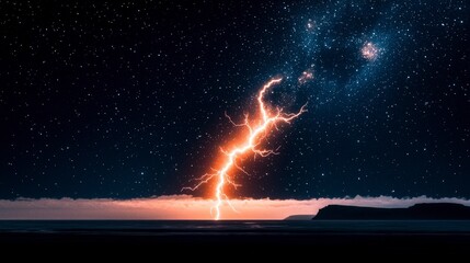 Dramatic Night Sky  Lightning Strike over Ocean and Stars