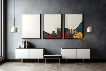 Concrete Living Room with Three Stylish Posters on Display