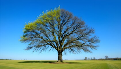 Obraz premium A tree in an open field with half its branches green and the other barren, under a bright blue sky, representing the transition from winter to spring during the Spring Equinox