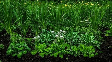 Obraz premium Springtime Garden Bloom: Lush Greenery and Delicate White Flowers AI Generated