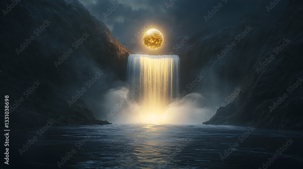 Fototapete A mystical waterfall illuminated by a golden orb, creating an enchanting and serene atmosphere.
