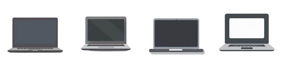 Four laptop computers displaying screens from off to on, arranged in a row on a plain, white background isolated on white or transparent