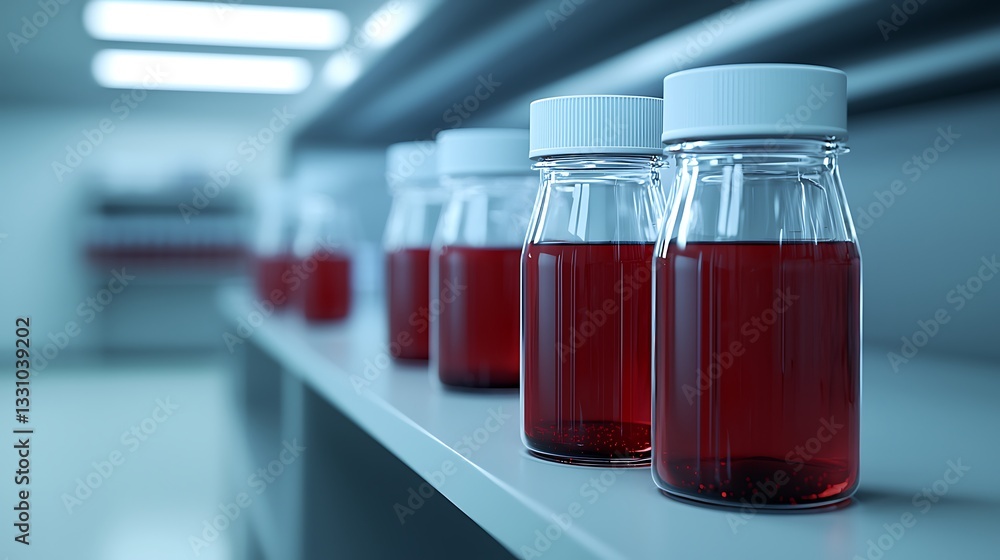 Aufkleber a row of glass vials filled with red liquid, placed neatly on a shelf in a laboratory setting.