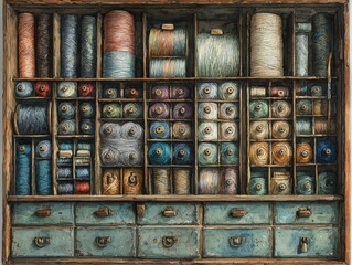Organized Display of Colorful Threads and Yarn in Wooden Storage Cabinet for Crafts and Sewing Projects
